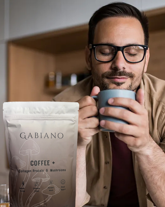 man drinking mushroom coffee gabiano