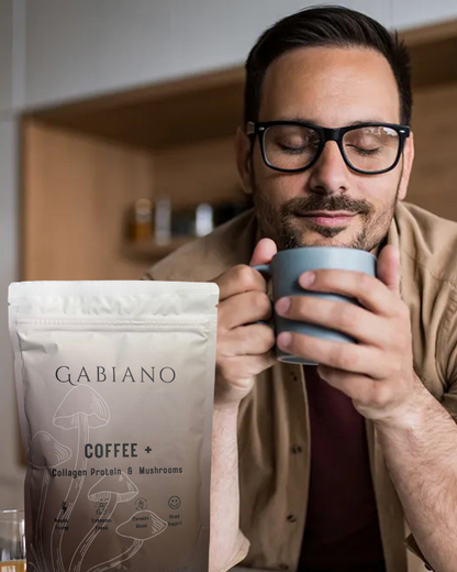 man drinking mushroom coffee gabiano