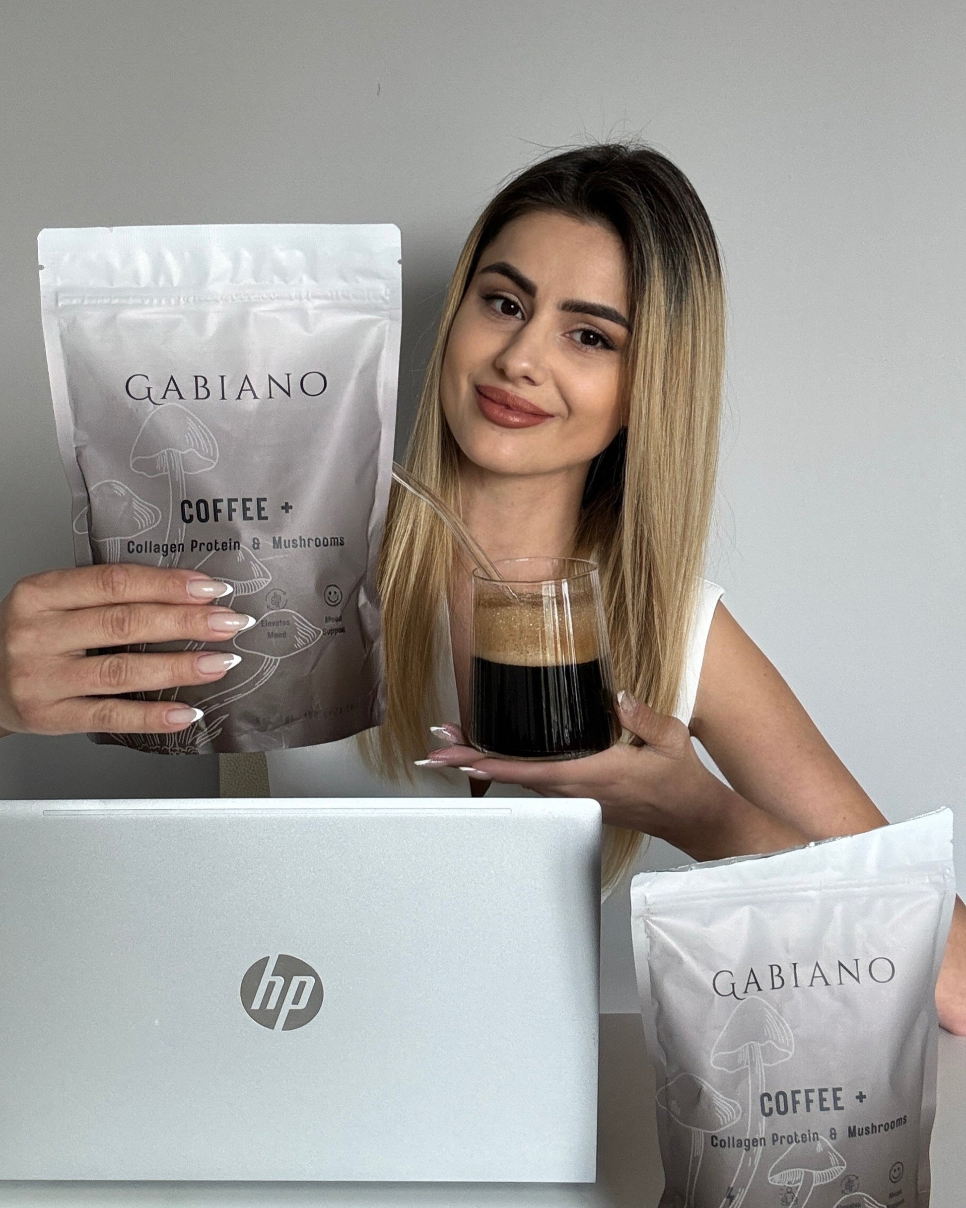 woman drinking mushroom coffee gabiano