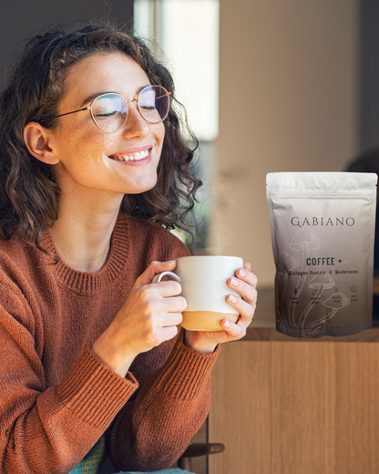 woman drinking mushroom coffee gabiano